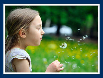 Girl blows on a dandelion